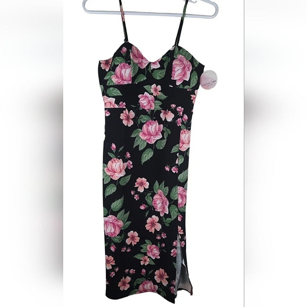 Full Circle Trends Women's Black Midi Bodycon Pink Floral Dress Size XL